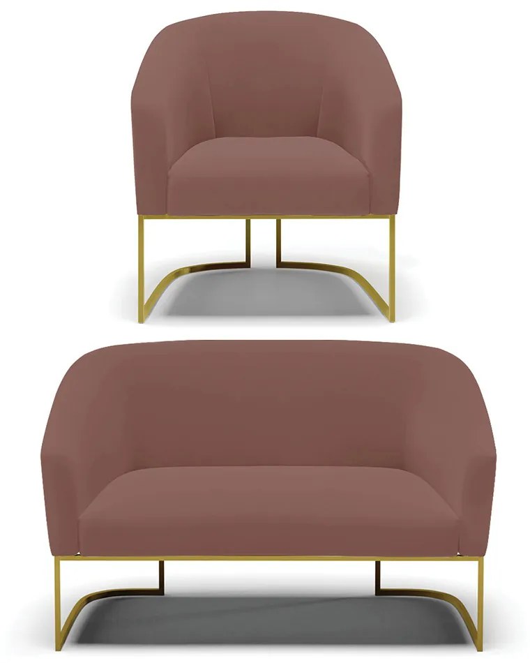 Sofá Namoradeira e Poltrona Base Industrial Dourado Stella Veludo D03 - D'Rossi - Rose