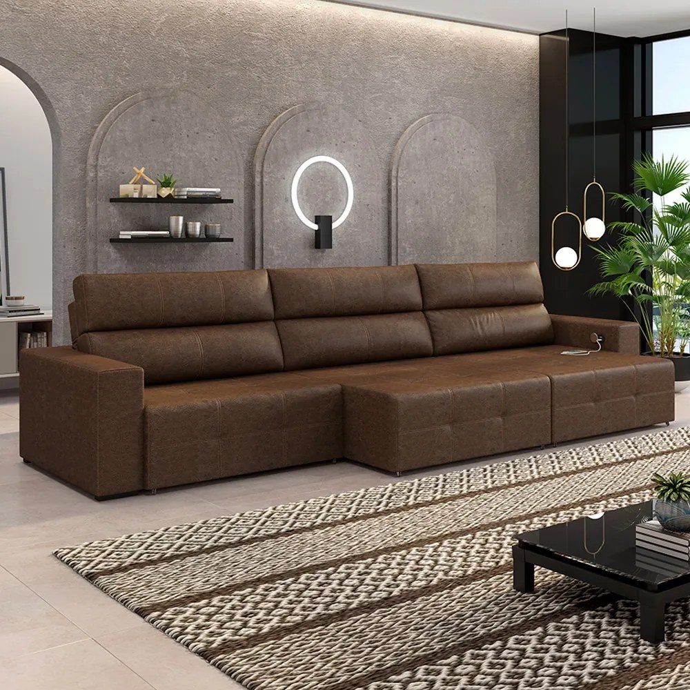 Sofá Retrátil 5 Lugares 314cm 3 Módulos Nero com USB Couro Manchado G52 - Gran Belo