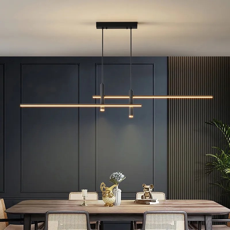 Luminária Pendente Sala de jantar lustre simples e moderno e minimalista linhas nordic mesa jantar luz criativo balcão barra longa tira lâmpadas designer - D - Branco quente