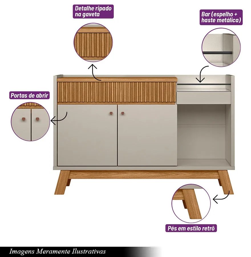 Buffet Aparador Decorativo Modric Detalhe Ripado 133cm Nature/Off White G77 - Gran Belo
