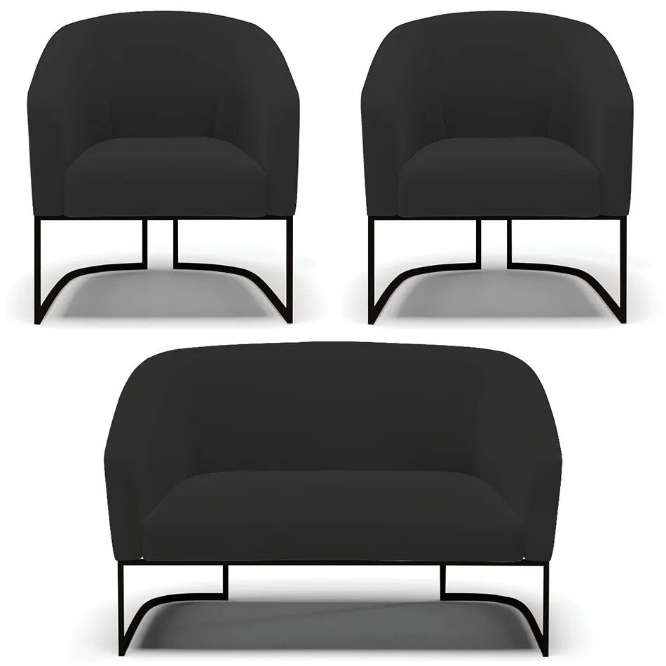 Namoradeira e 2 Poltronas Industrial Preto Stella Veludo D03 - D'Rossi - Preto