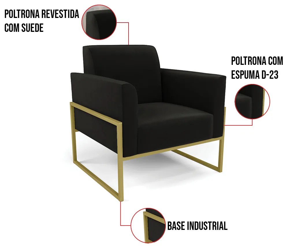 Poltrona Base Industrial Alta Dourado Marisa Suede Preto D03 - D'Rossi