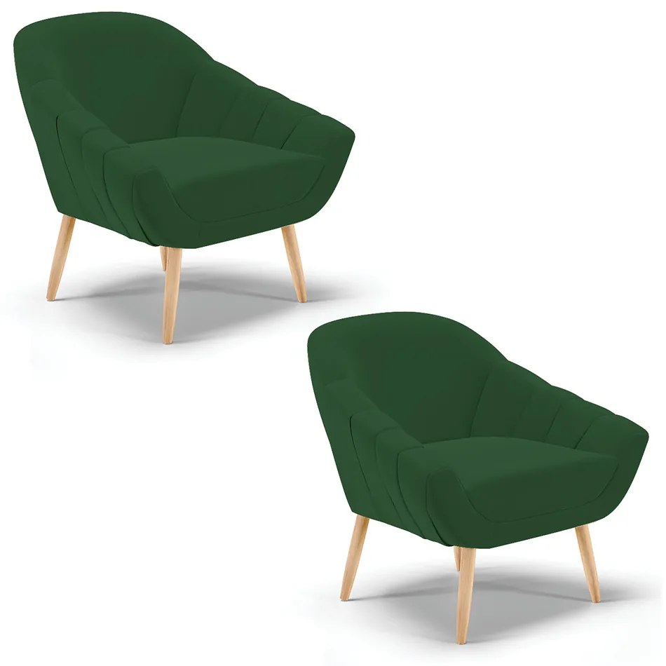 Kit 02 Poltronas Giovana Veludo Verde Pés Palito Natural - Indo Decorar