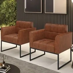 Poltrona Base Industrial Preto Kit 2 Ana Sintético PU Nozes - Ibiza