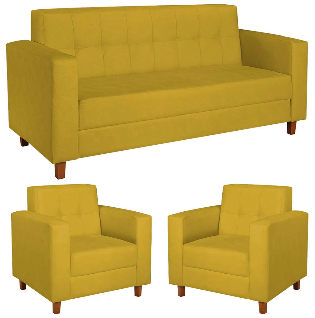 Kit Sofá 2 Lugares e 2 Poltronas Denver Suede Amarelo - ADJ Decor