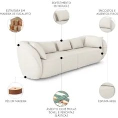 Sofá 3 Lugares 252cm Orgânico Pé Madeira Yume Bouclê Cru Z55 - Mpozena
