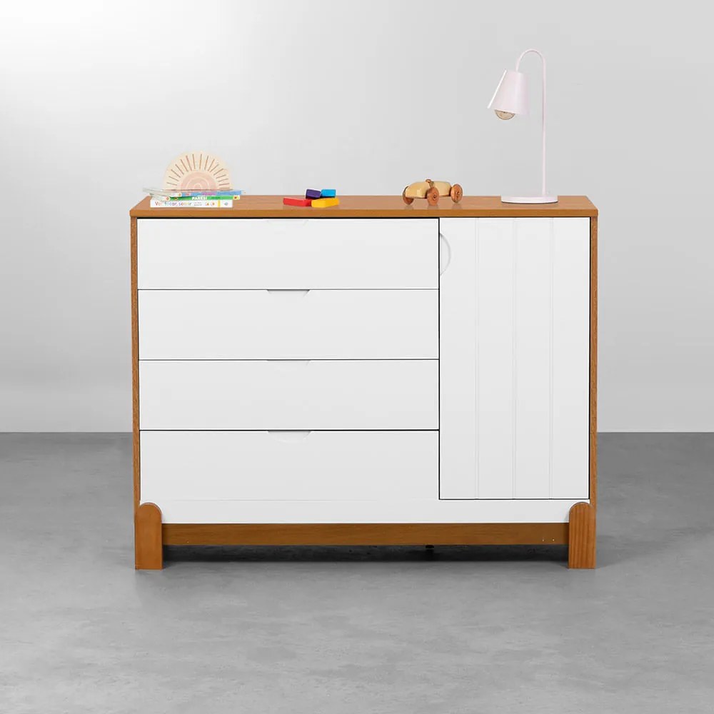 Cômoda Lotus 4 Gavetas e 1 Porta - Branco  e Savana - Cômoda Lotus 4 Gavetas e 1 Porta - Branco Fosco e Savana