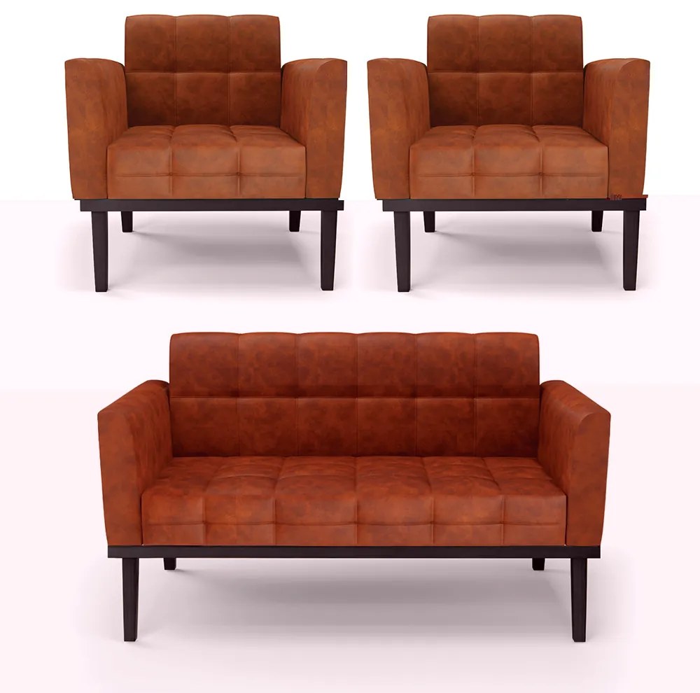 Conjunto 2 Poltronas e 1 Namoradeira Decorativa Karen Pés Fixo em Madeira Preto Pu Nozes G19 - Gran Belo