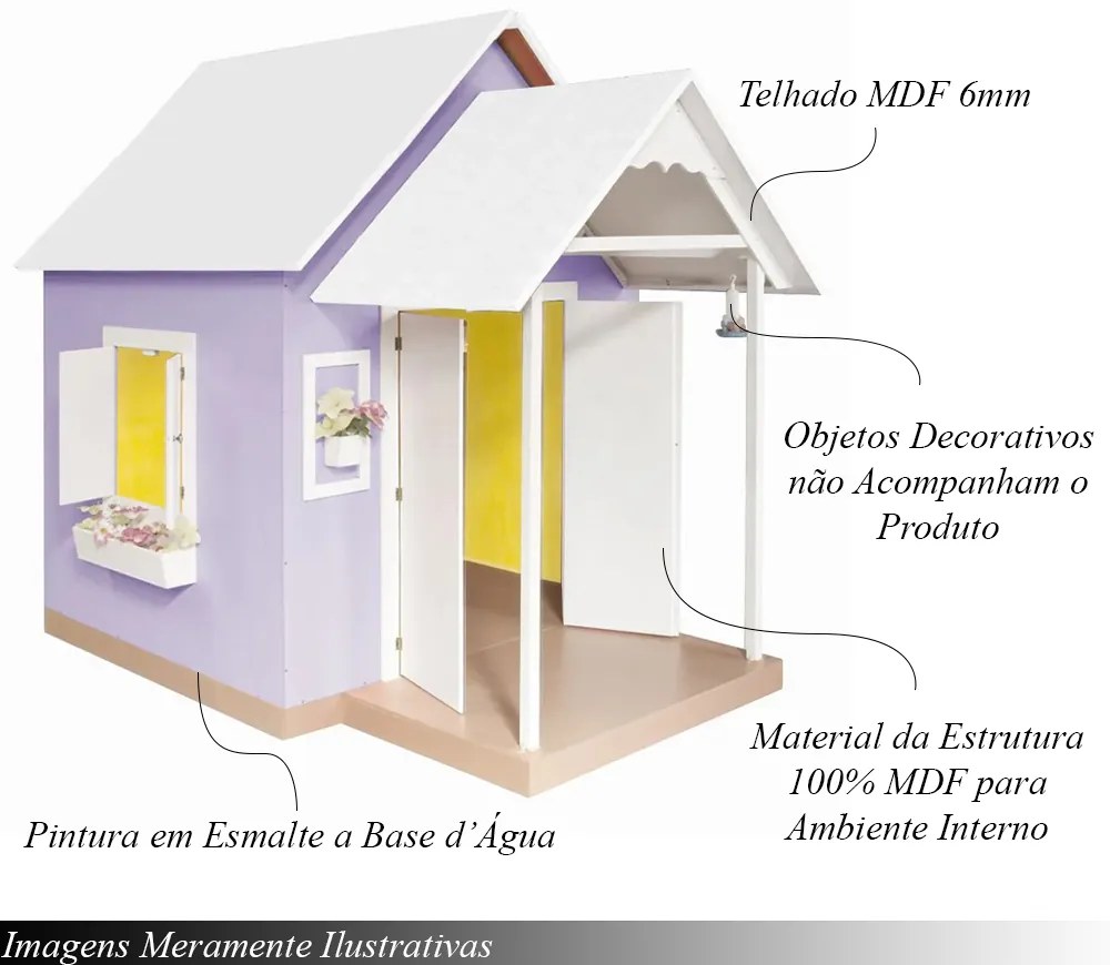 Casinha de Brinquedo Artesanal MDF com Telhado Branco/Lilás L12 - Gran Belo