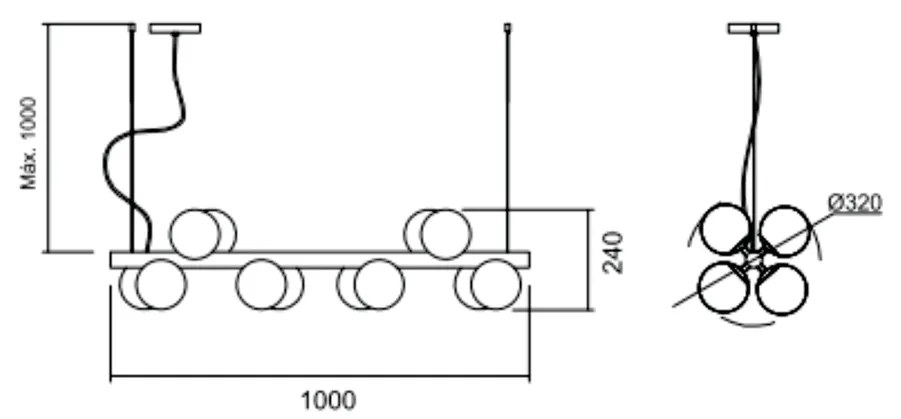 Pendente Pérola Horizontal C/ 12 Globos 100Cm 12L G9 / Metal E Globo Ø... (BT - Branco Texturizado, FOSCO)