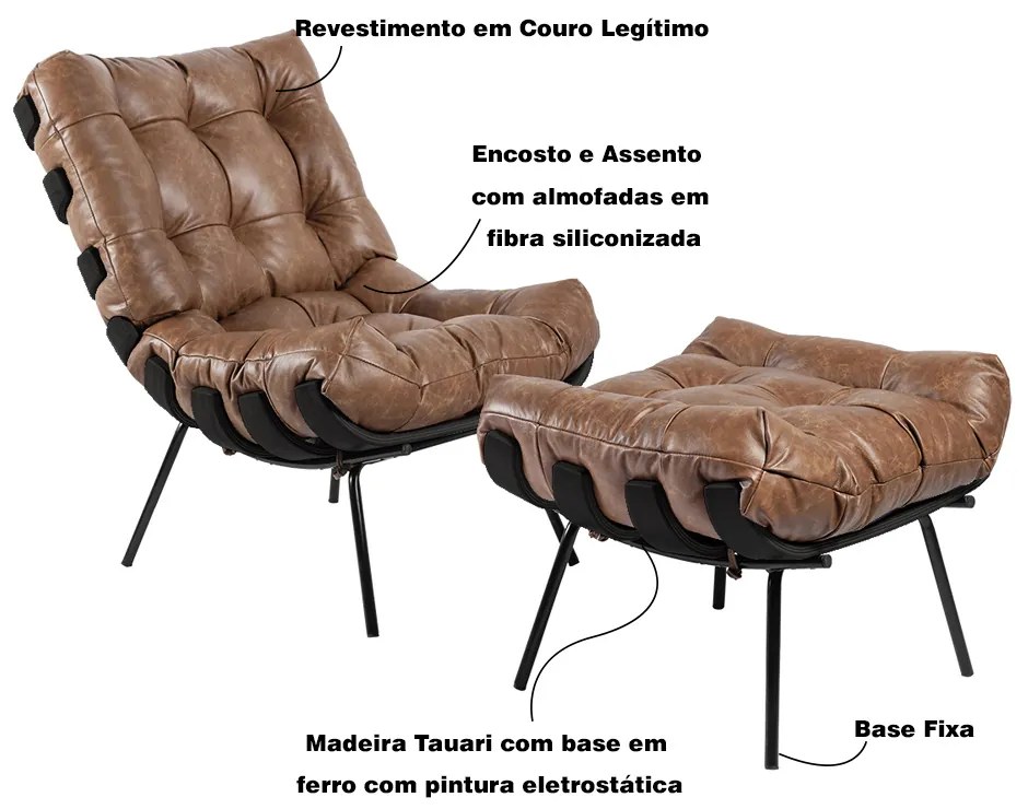 Poltrona e Puff Decorativos Sala de Estar Costela Base Preta Couro Mel G34 - Gran Belo