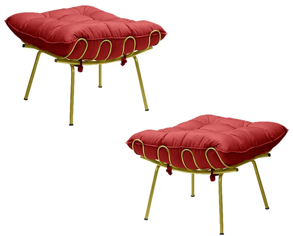 Kit 2 Puff Decorativo Sala de Estar Abel Pés Dourado Suede Vermelho G41 - Gran Belo