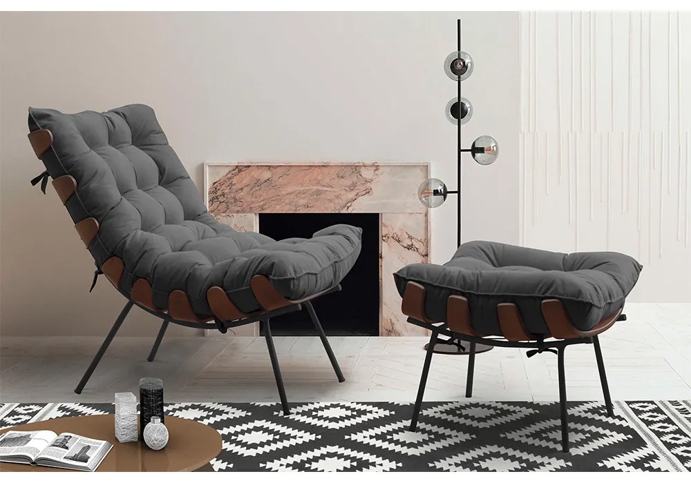 Puff Decorativo Sala de Estar Abel Base de Madeira Preto Suede Cinza G41 - Gran Belo