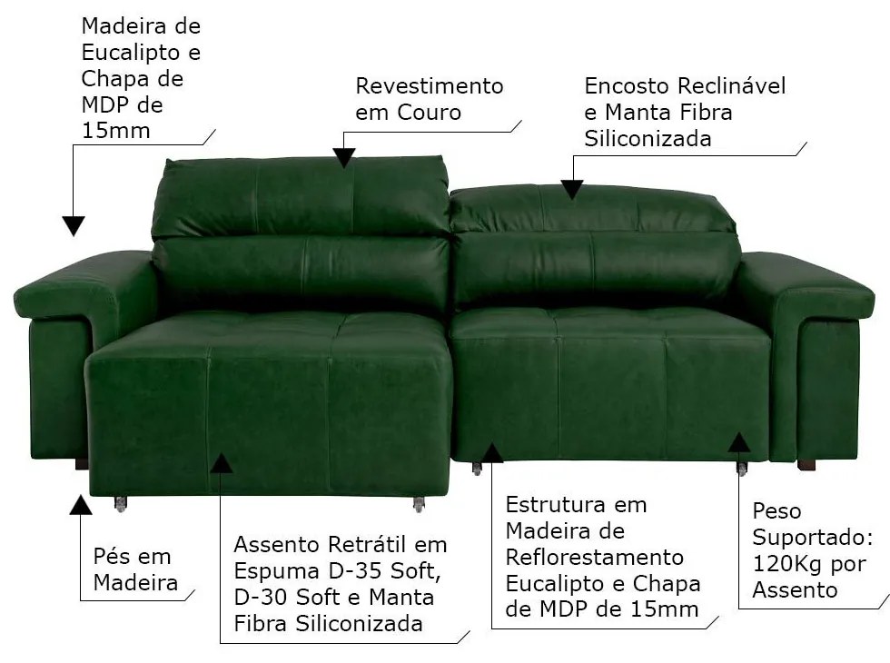 Sofá Retrátil e Reclinável 4 Lugares Maitê 256 cm Couro Verde G43 - Gran Belo