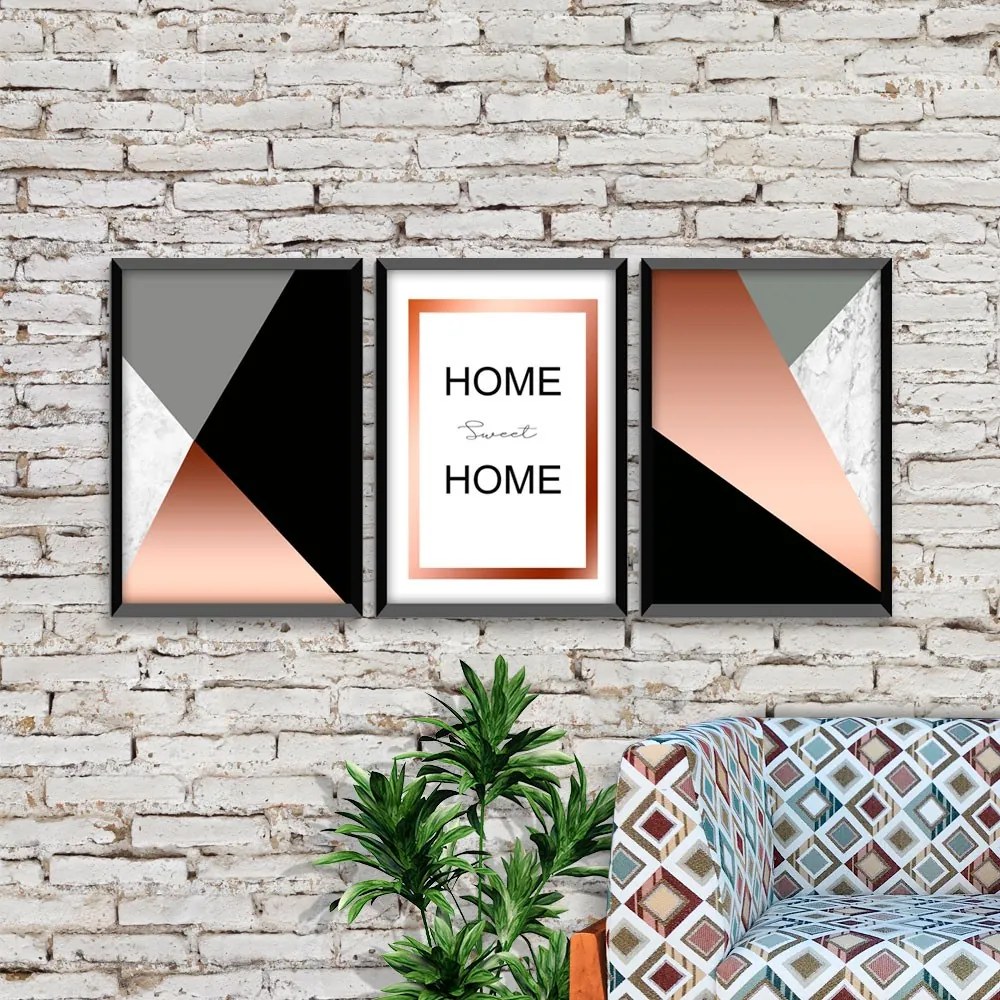 Kit 03 Quadros Decorativos Rose Gold "Home Sweet Home" 43x33 cm - D'Rossi