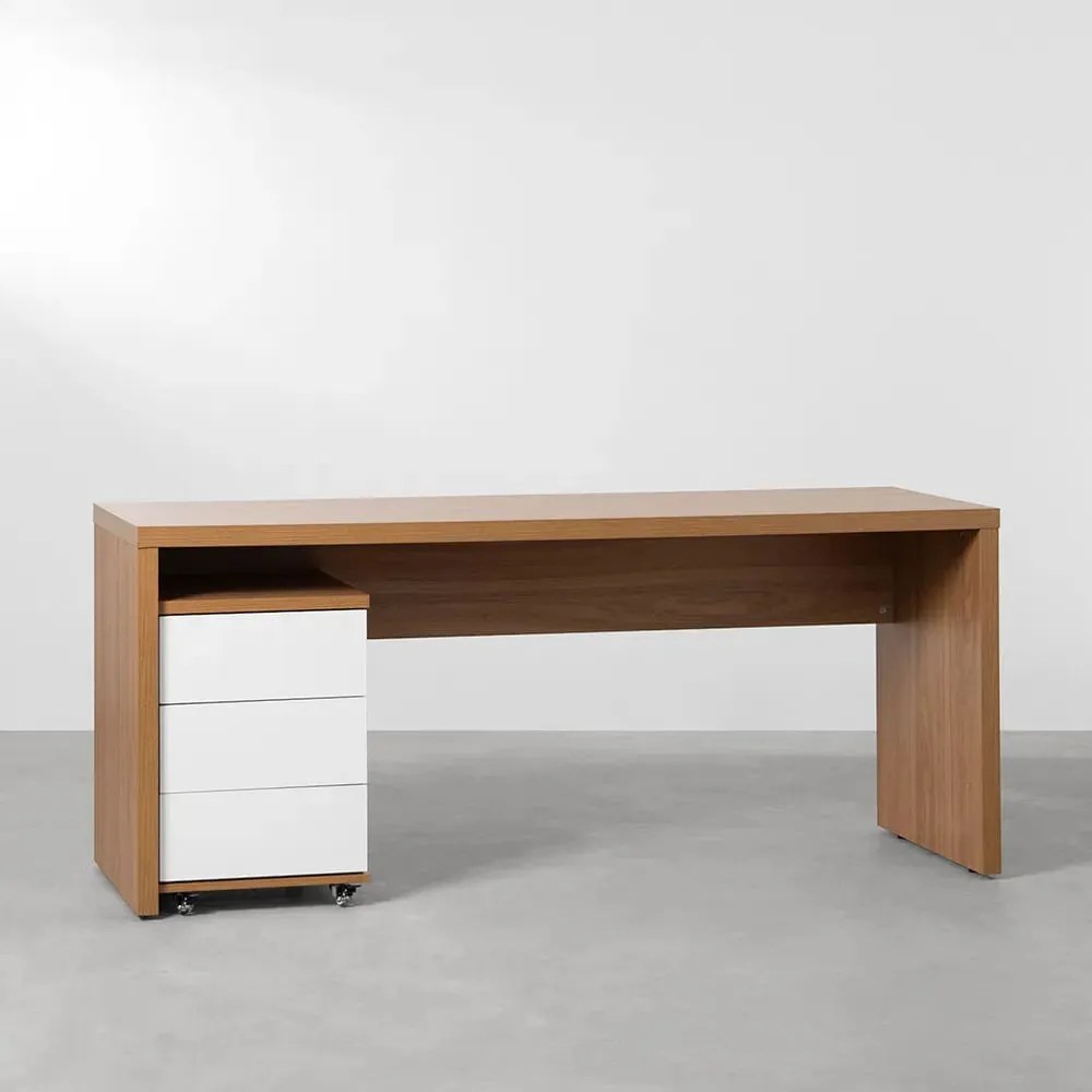 Conjunto Office - Bancada Contemporânea Louro Freijó 1,80m + Gaveteiro Contemporâneo Louro Freijó e Branco 42,5cm - Conjunto Office - Bancada Contemporânea Louro Freijó 1,80m + Módulo Contemporâneo Louro Freijó e Branco 42,5cm