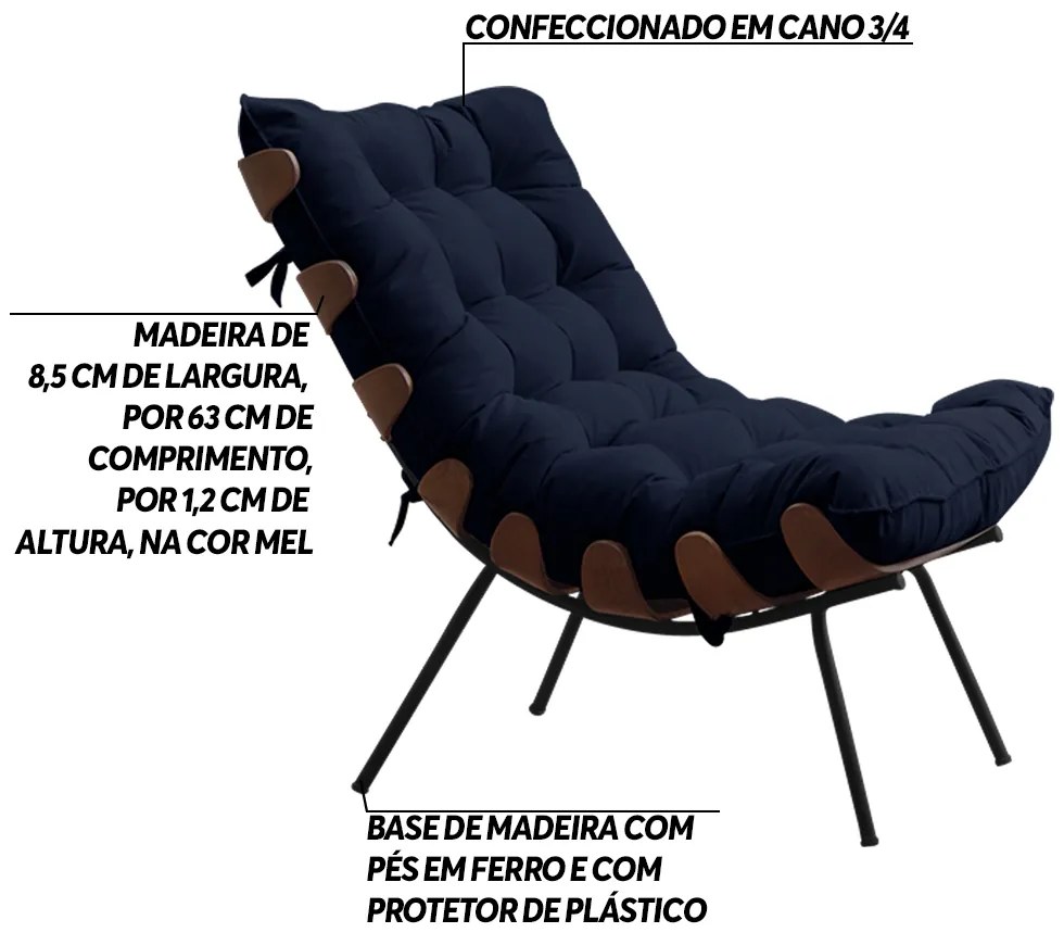 Poltrona Decorativa Sala de Estar Abel Base de Madeira Preto Veludo Azul G41 - Gran Belo