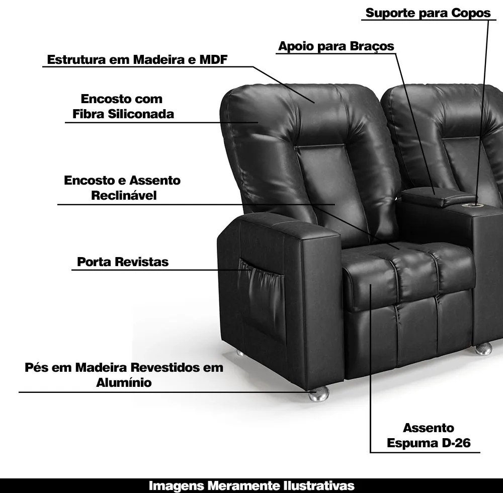 Poltrona do Papai Reclinável 2 Lugares Sala de Cinema Pequim Manual PU Preto G23 - Gran Belo