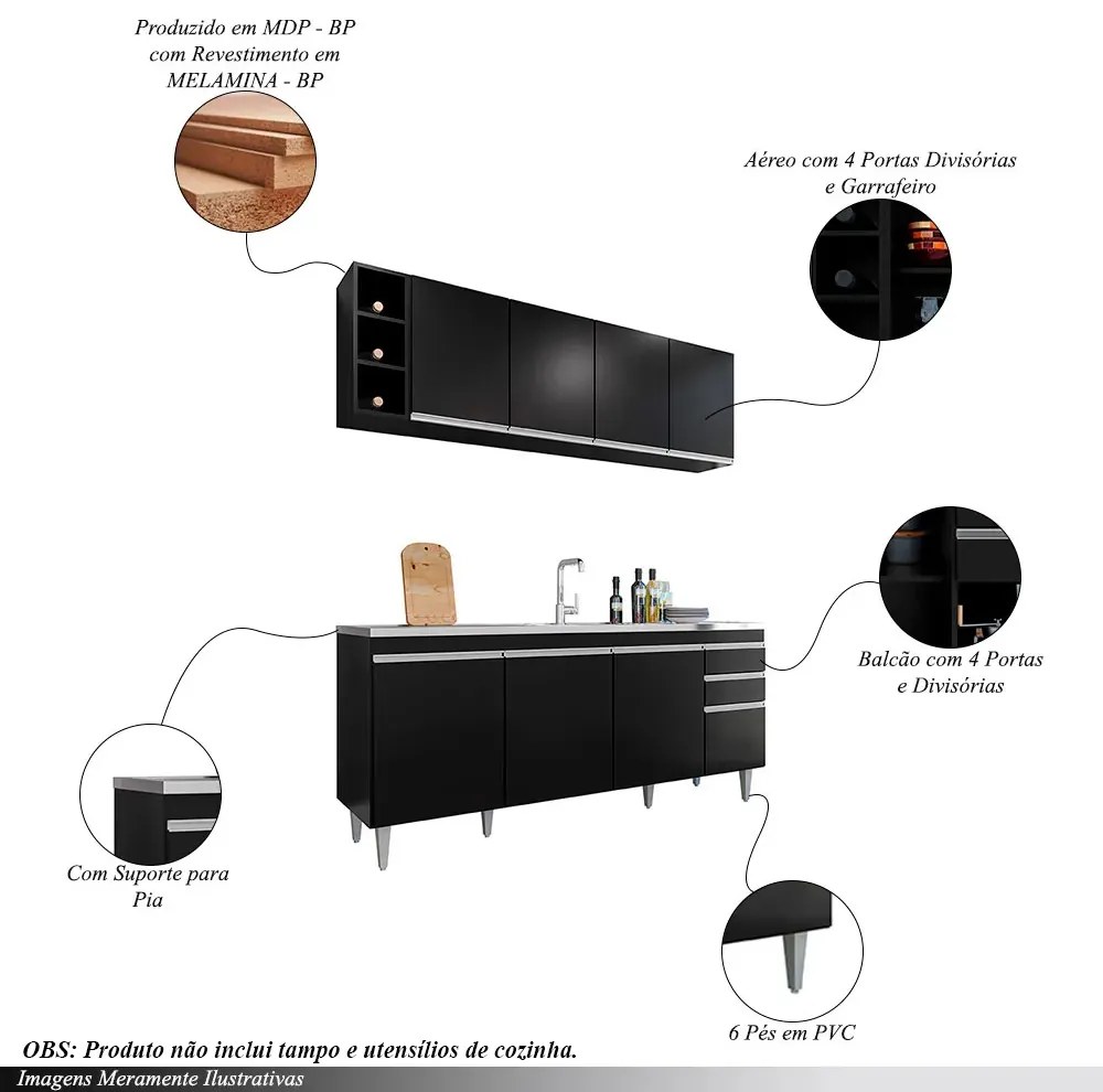 Conjunto Balcão de Cozinha para Pia Apex Armário Aéreo MDP/BP Preto G96 - Gran Belo
