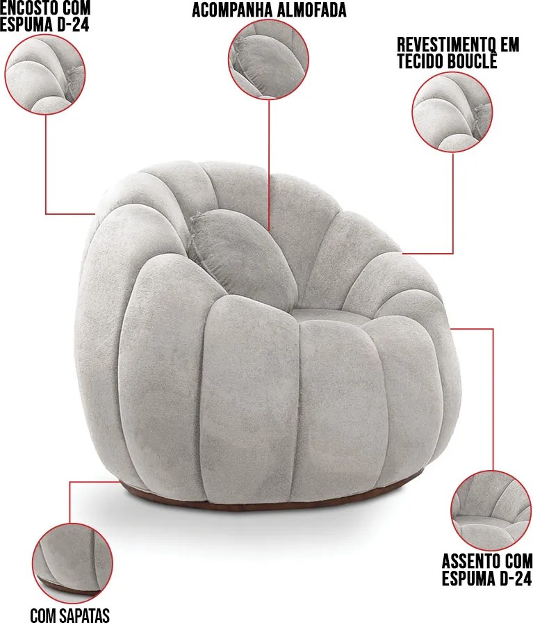 Sofá 2 Lugares com Puff e Poltrona Orgânica Fixa Cloud Bouclê E03 - D'Rossi - Cinza claro
