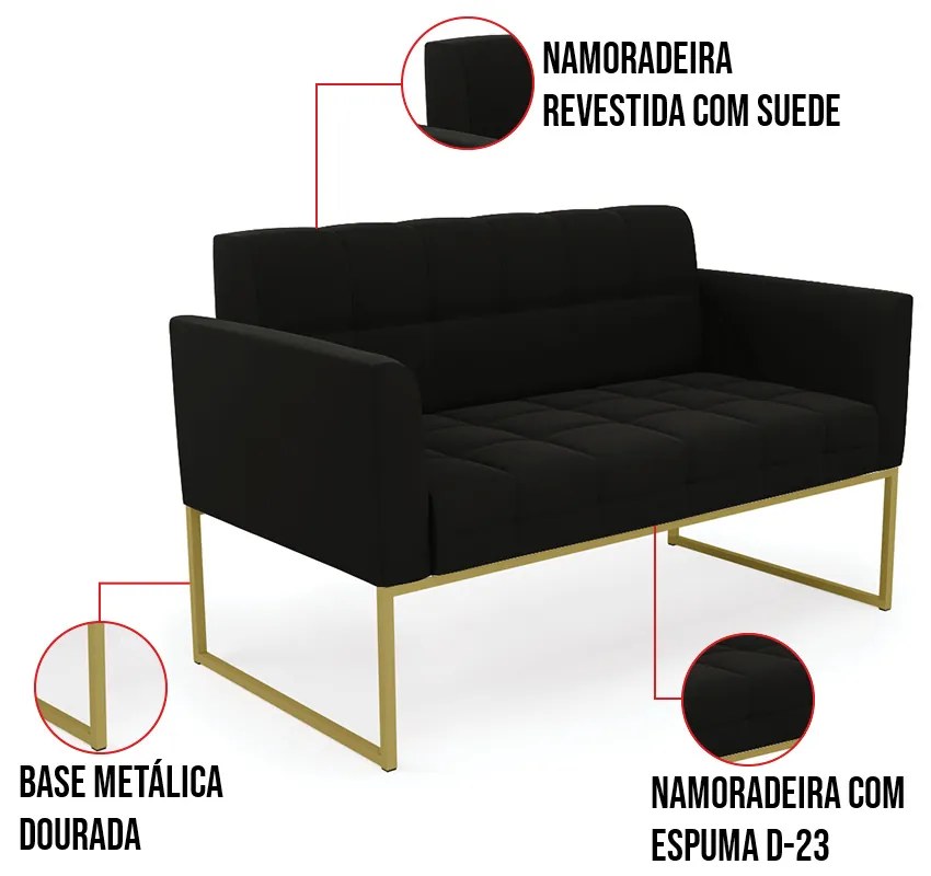 Kit 1 Sofá Namoradeira e 2 Poltronas Elisa Suede Base Metálica Industrial Dourado D03 - D'Rossi - Preto