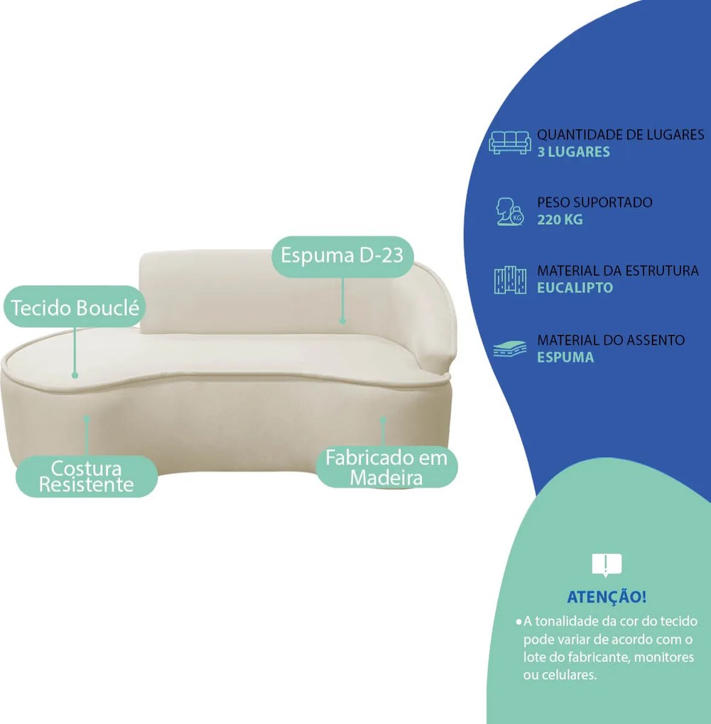 Divã Recamier Curvo Sala de Estar Recepção Marrocos 200cm Lado Esquerdo Bouclé