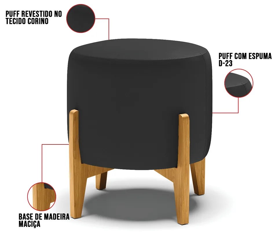 Puff Decorativo Stella Sintético Base Madeira Castanho D03 - D'Rossi - Preto