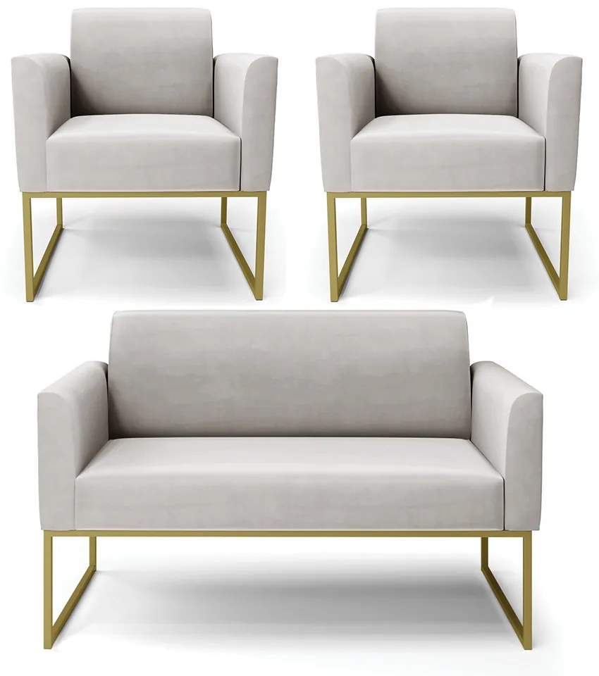 Sofá Namoradeira com 2 Poltronas Base Industrial Dourado Marisa Veludo D03 - D'Rossi - Cinza