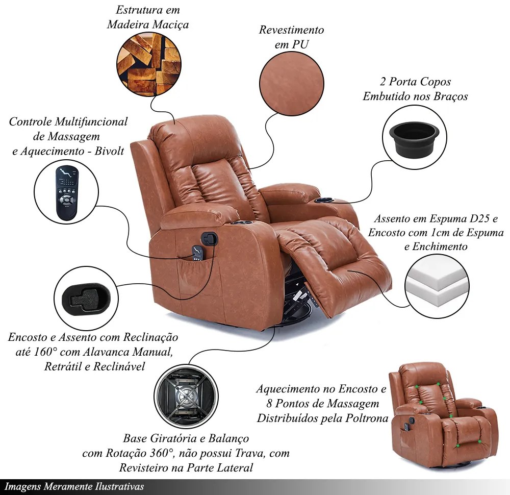 Cadeira com Massagem Poltrona do Papai Giratória Reclinável Manual Austin Aquecimento PU Caramelo G94 - Gran Belo