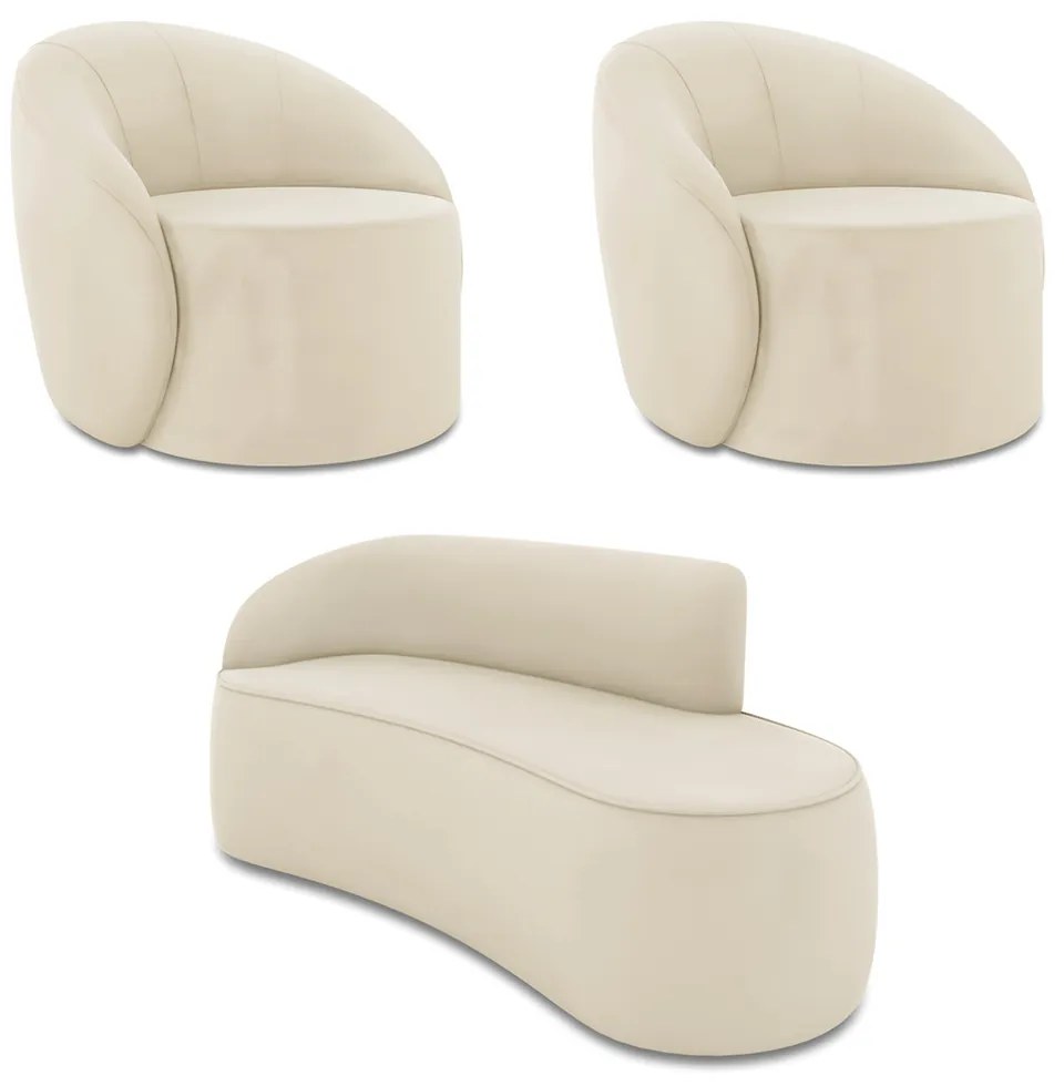Sofá 3 Lugares Orgânico 180cm Morgan e 2 Poltronas Lua Veludo Bege D03 - D'Rossi