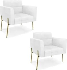 Poltrona Sala Pé Metal Dourado Kit 2 Ana Sintético PU Branco - Ibiza