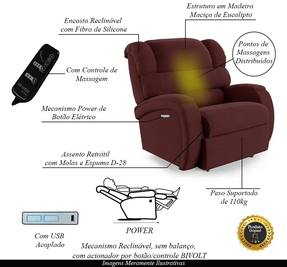 Poltrona do Papai Sala de Cinema Reclinável Kylie Elétrica Botão com Led Massagem USB Veludo Vinho G23