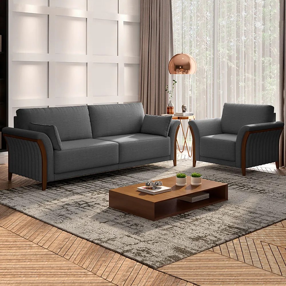 Poltrona Decorativa Pés em Madeira Market Linho Chumbo G45 - Gran Belo