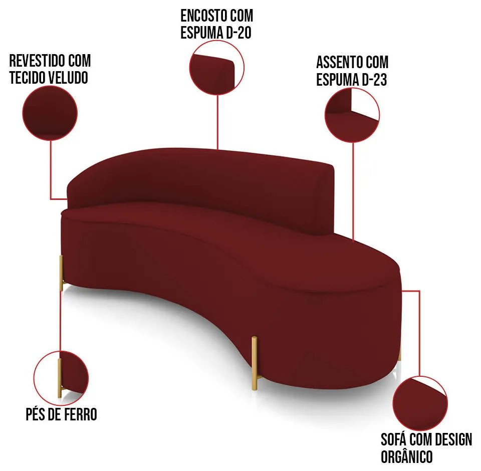 Sofá 4 Lugares Orgânico 220cm Pé Ferro Dourado Morgan Veludo Marsala