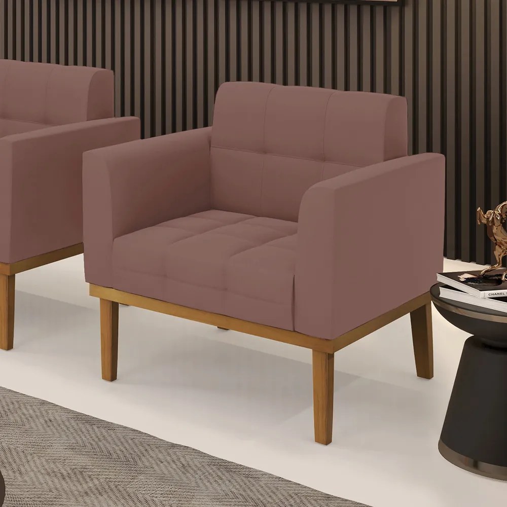 Poltrona Decorativa Karen Pés Fixo em Madeira Castanho Veludo Rose G19 - Gran Belo