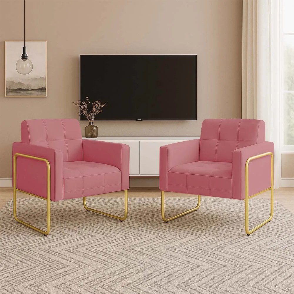 Poltrona Sala Industrial Alta Tubo Dourado Kit 2 Elisa Suede D03 - D'Rossi - Rose