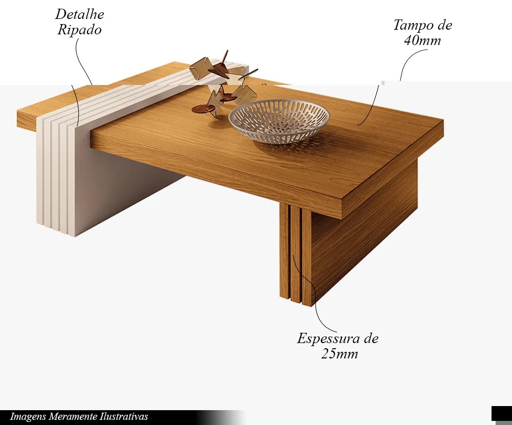 Conjunto Decorativo Aparador e Mesa de Centro Sala de Estar Riad Cinamomo/OffWhite G26 - Gran Belo