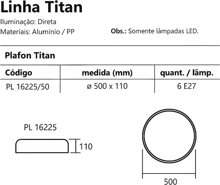 Plafon Titan Ø50X11Cm 6Xe27 Com Difusor Plano | Usina 16225/50 (BT - Branco Texturizado)