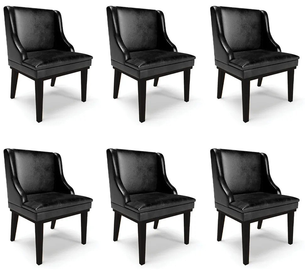 Kit 6 Cadeiras Decorativas Sala de Jantar Base Fixa de Madeira Firenze PU Preto Brilho G19 - Gran Belo