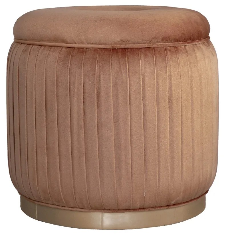 Puff Redondo Drapeado Estofado Nuni - Dourado Soleil - Tecido Veludo Terracota Kleiner