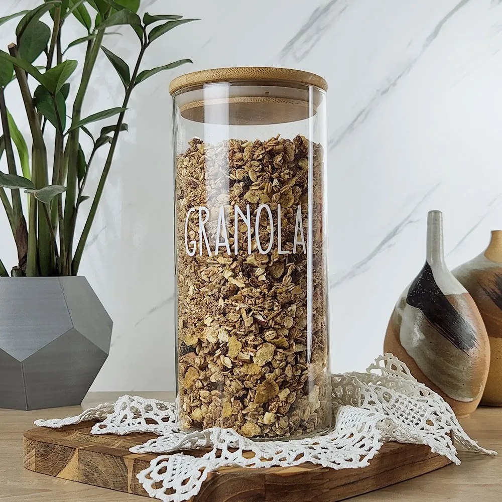 Pote de Vidro e Tampa de Bambu com Etiqueta