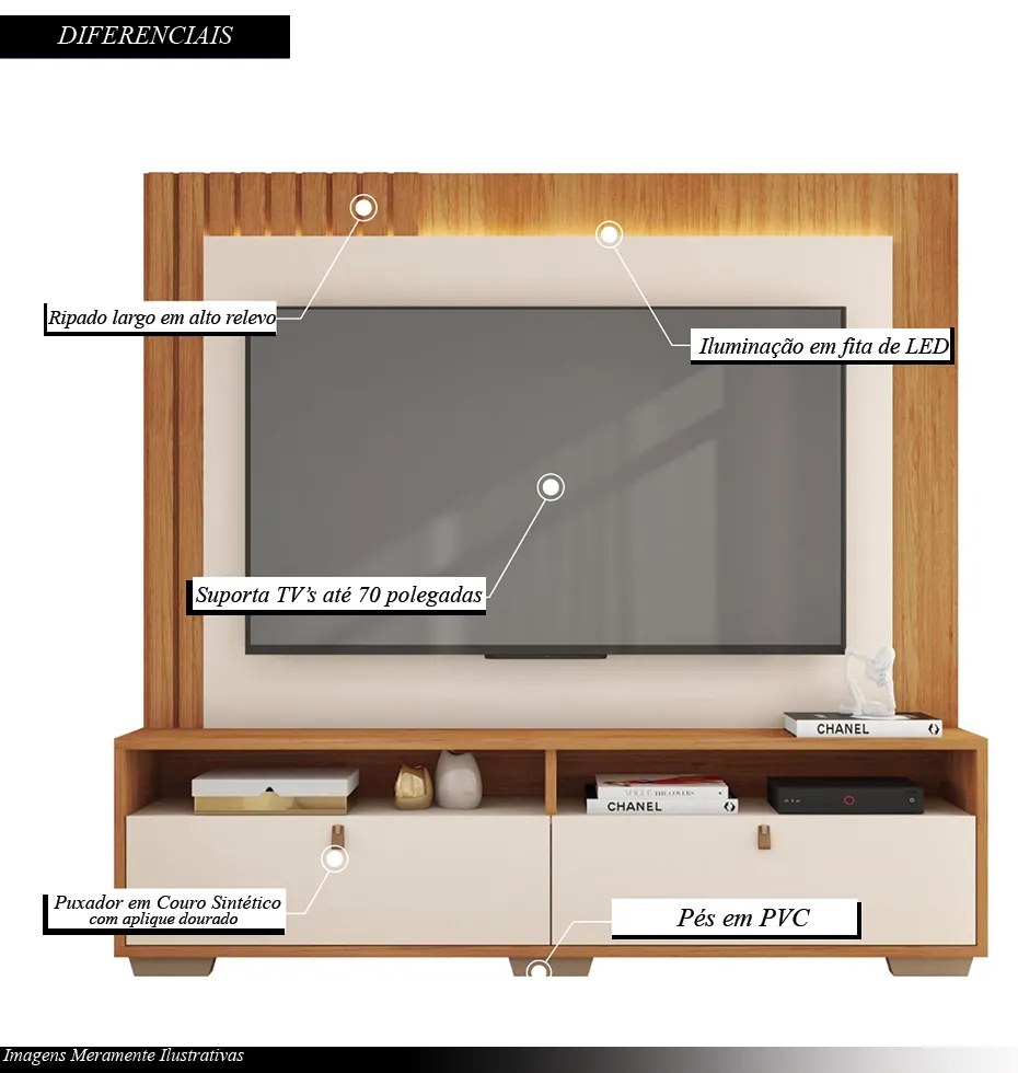 Home Theater Blida Ripado para TV até 70 com LED Freijo/OffWhite G11 - Gran Belo