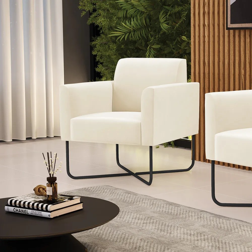 Poltrona Base X Industrial Preto Marisa Veludo - Bege