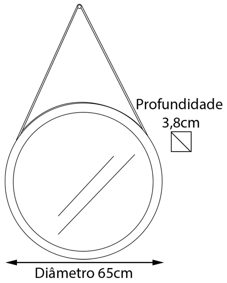 Espelho Redondo Decorativo Melk 65cm Com Tira de Couro Madeira Maciça Rustic Brown G54 - Gran Belo