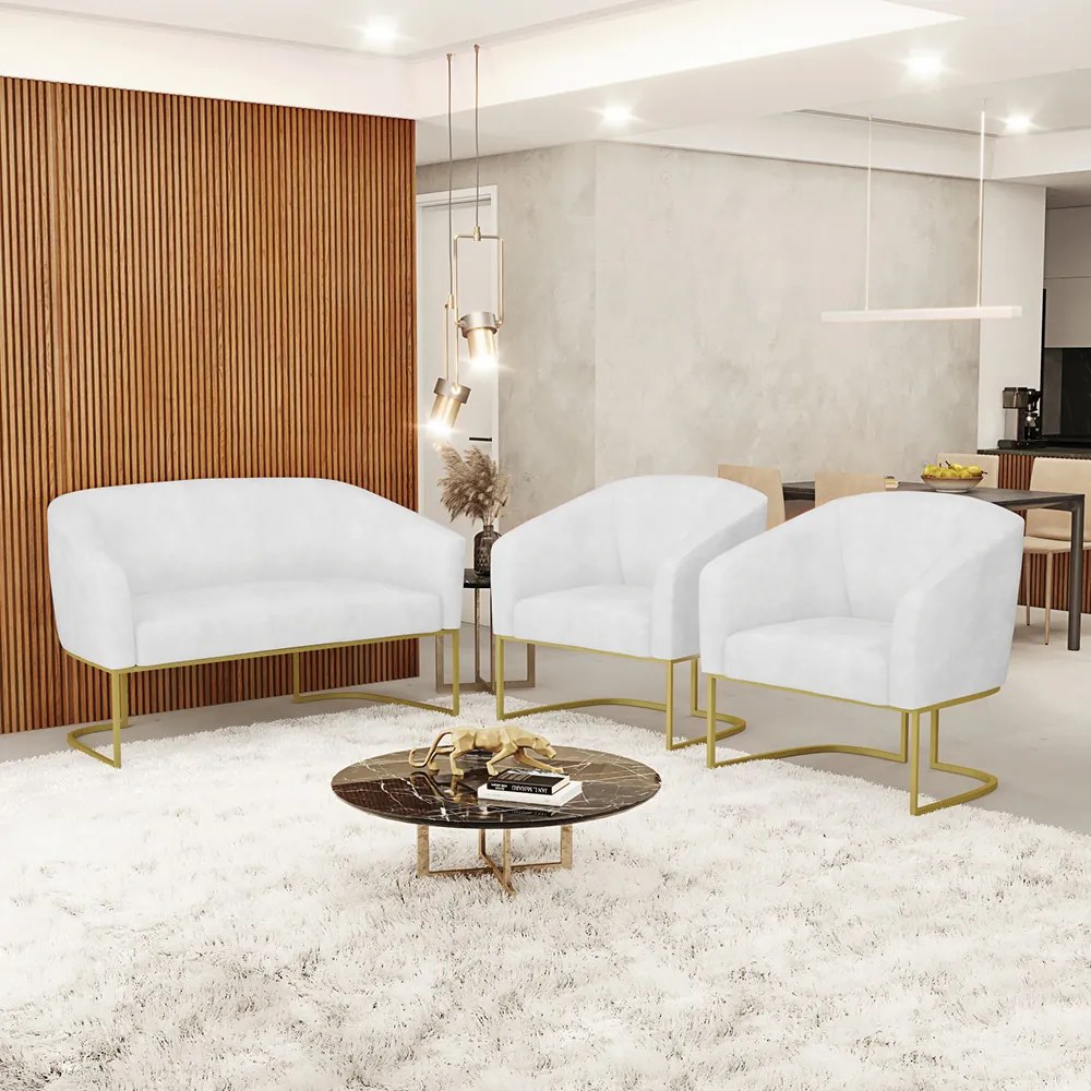 Namoradeira e 2 Poltronas Industrial Dourado Stella Sintético PU D03 - D'Rossi - Branco
