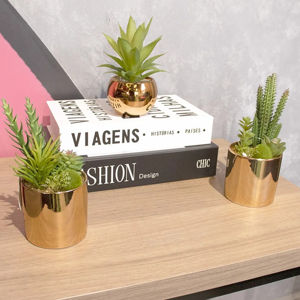 Vaso Decorativo Dourado Com Suculentas Artificiais Sortidas - D'Rossi