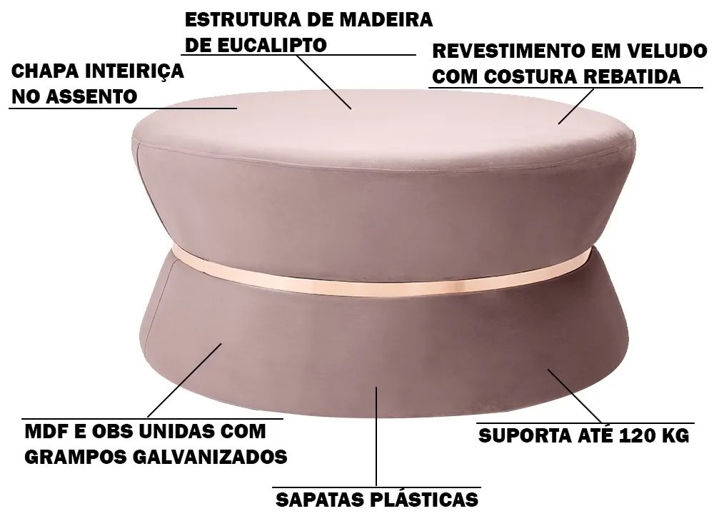 Puff Decorativo Sala de Estar 95cm Dhaka Veludo Rosê G15 - Gran Belo