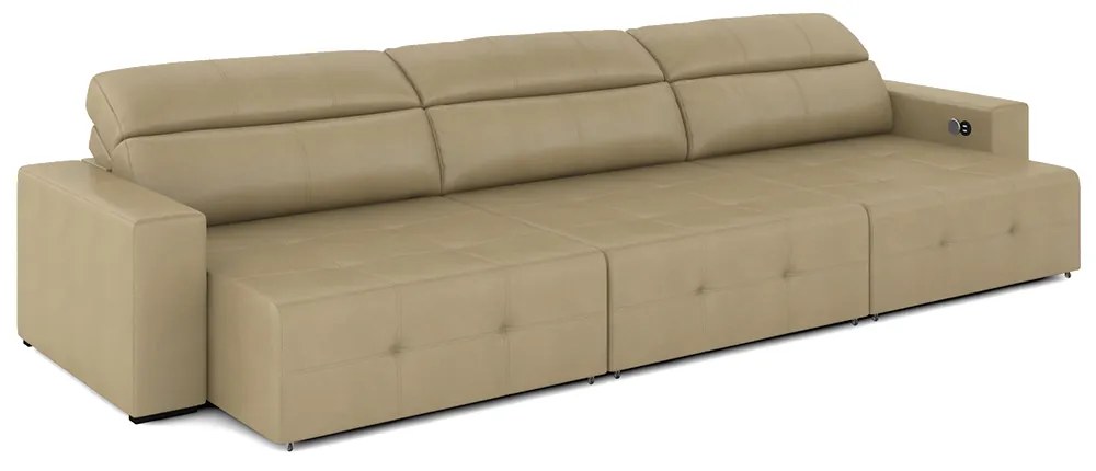 Sofá Retrátil 5 Lugares 314cm 3 Módulos Nero com USB Couro Bege G52 - Gran Belo