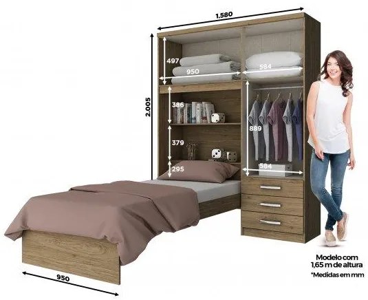 Guarda Roupa Cravo 4 Portas Com Cama Solteiro Embutida Rústico