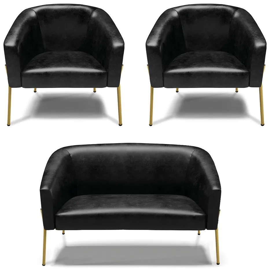 Namoradeira e 2 Poltronas Pé de Ferro Dourado Stella Sintético PU D03 - D'Rossi - Preto